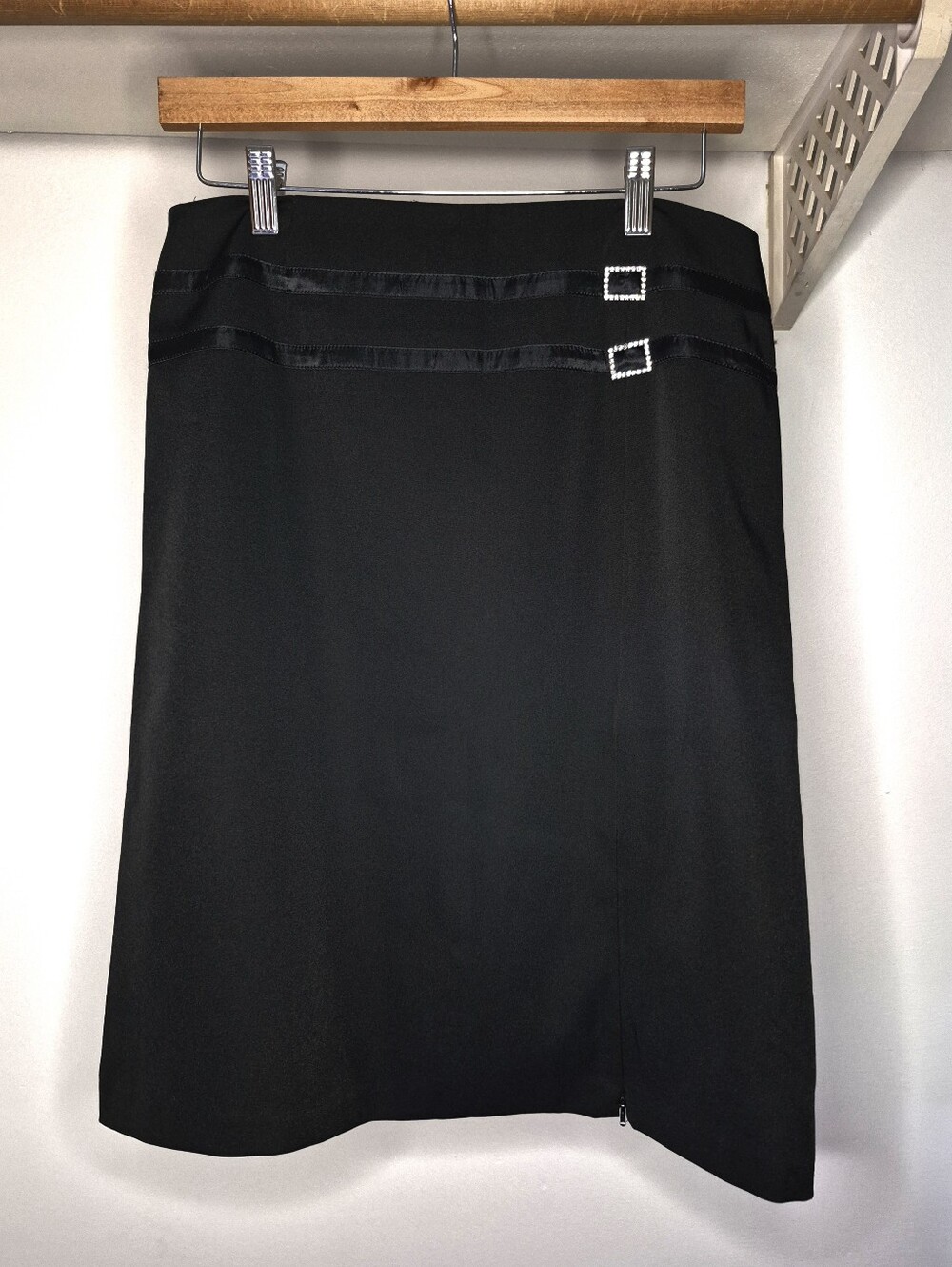 La Copané Paris Black Pencil Skirt With Rhinestone Buckle Detail